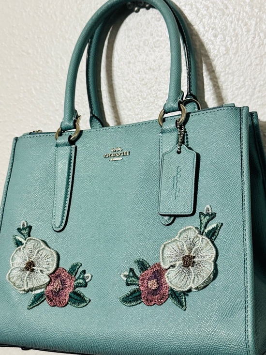 Coach Handbags - COACH Light Blue Floral Applique Leather Satchel with Top Handles